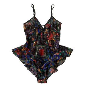 NEW Vtg VICTORIA'S SECRET Gold Label Dark Floral Sheer Teddy Bodysuit P Nightie